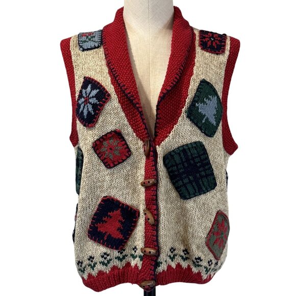 Bushwacker Sweaters - Vtg Bushwacker Womens Small Patchwork Holiday Sweater Vest Red Beige Button Knit